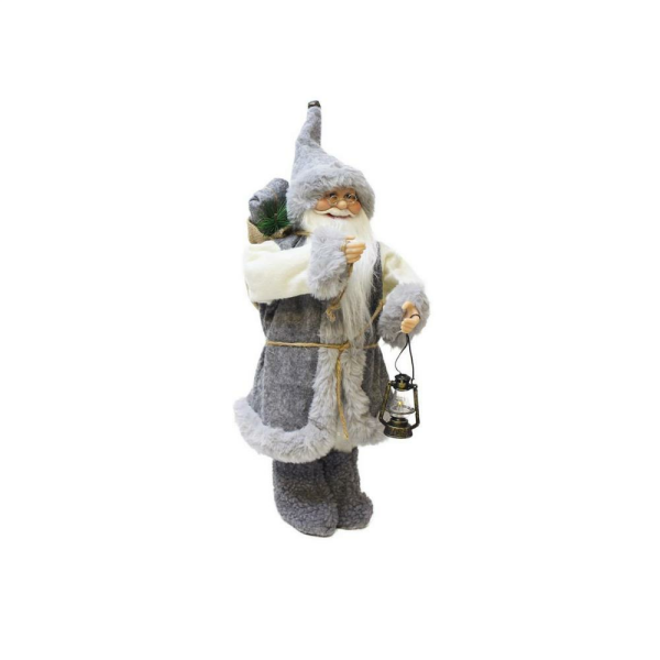 Yılbaşı Dekoru Gri Kürklü Noel Baba Figürlü Süsleme Aksesuarı 45 Cm