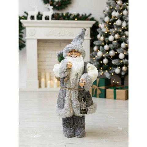 Yılbaşı Dekoru Gri Kürklü Noel Baba Figürlü Süsleme Aksesuarı 45 Cm