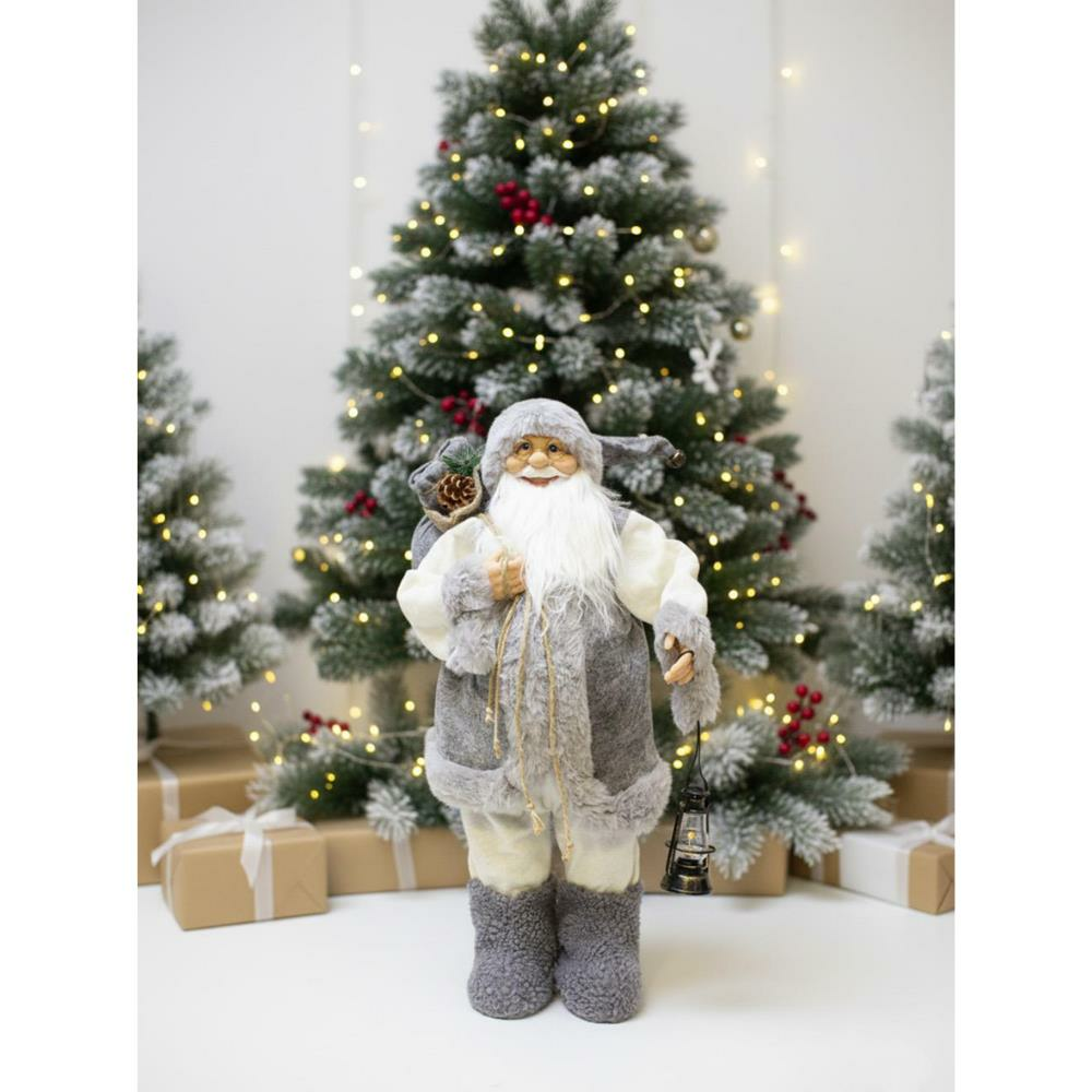 Yılbaşı Dekoru Gri Kürklü Noel Baba Figürlü Süsleme Aksesuarı 60 Cm