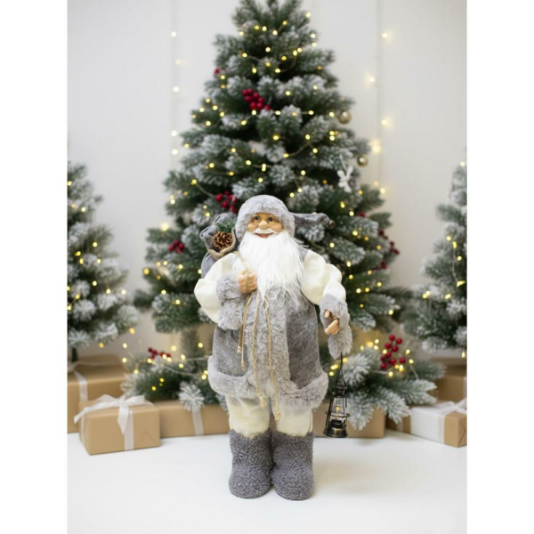 Yılbaşı Dekoru Gri Kürklü Noel Baba Figürlü Süsleme Aksesuarı 60 Cm