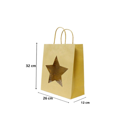 Karton Çanta Yıldız Pencereli Alışveriş Çantası Hediye Çantası Kraft 26x32x12 cm