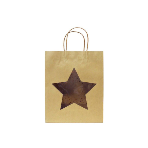 Karton Çanta Yıldız Pencereli Alışveriş Çantası Hediye Çantası Kraft 26x32x12 cm