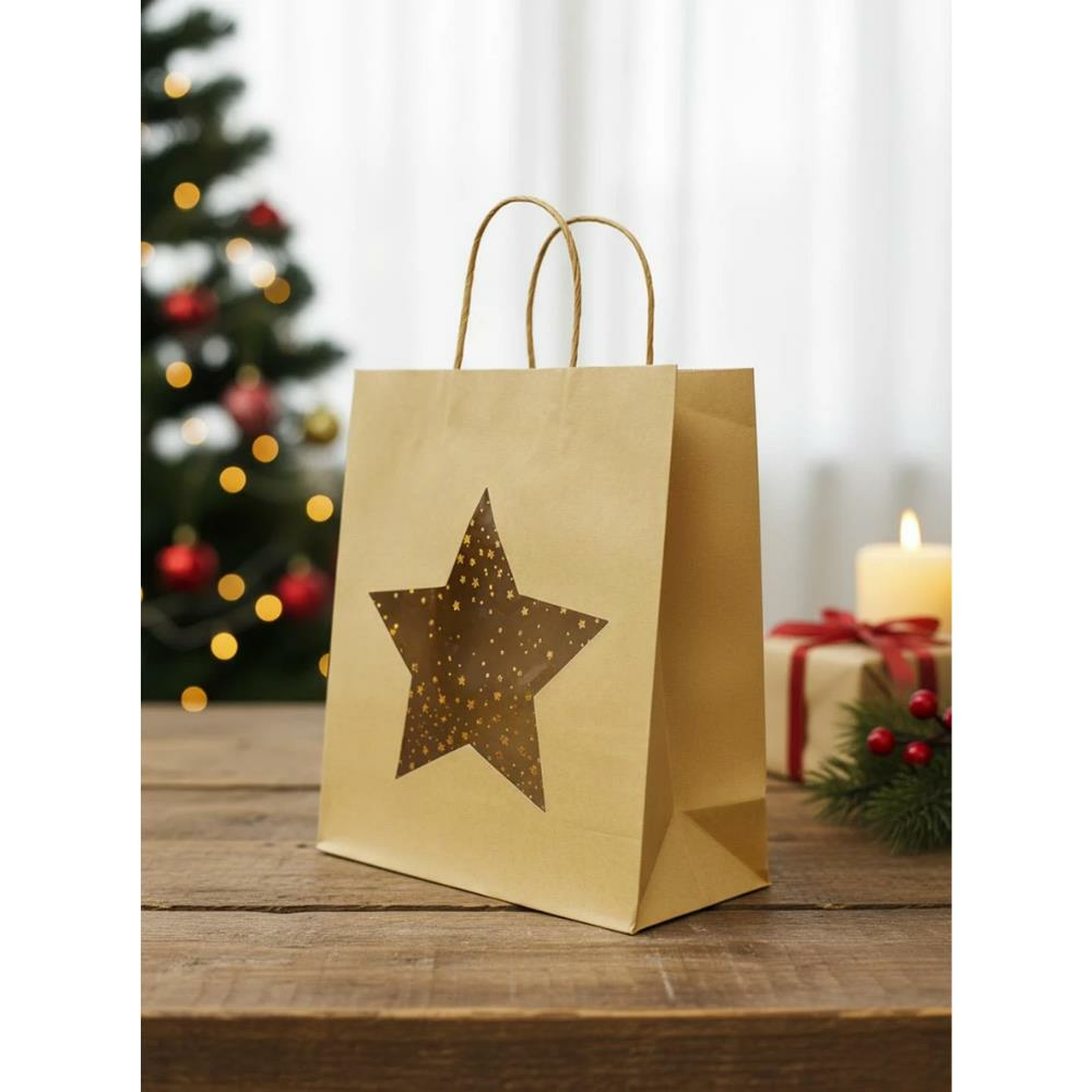 Karton Çanta Yıldız Pencereli Alışveriş Çantası Hediye Çantası Kraft 26x32x12 cm