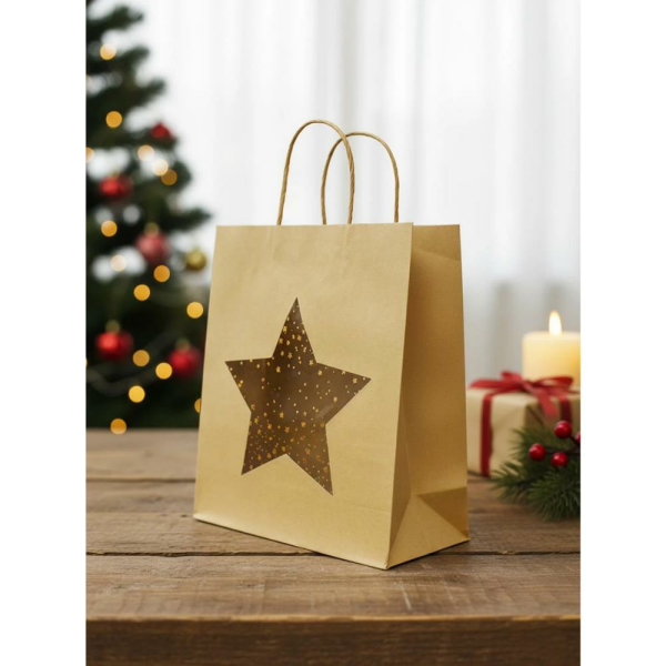 Karton Çanta Yıldız Pencereli Alışveriş Çantası Hediye Çantası Kraft 26x32x12 cm 20'li