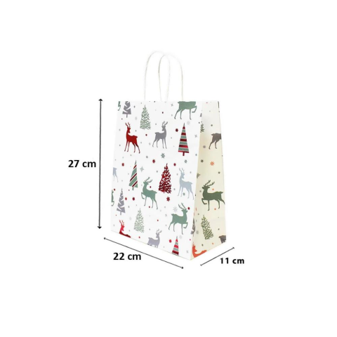 Yılbaşı Temalı Desenli Karton Çanta Hediye Çanta Seti Beyaz – 22x27x11 cm