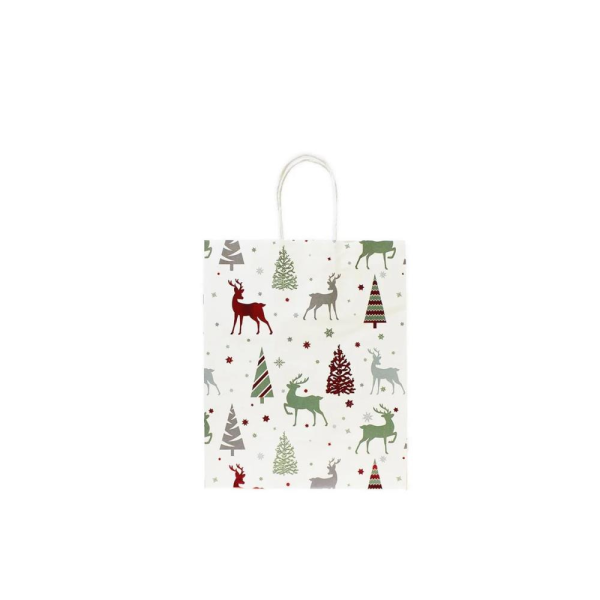 Yılbaşı Temalı Desenli Karton Çanta Hediye Çanta Seti Beyaz – 12 Parça 22x27x11 cm