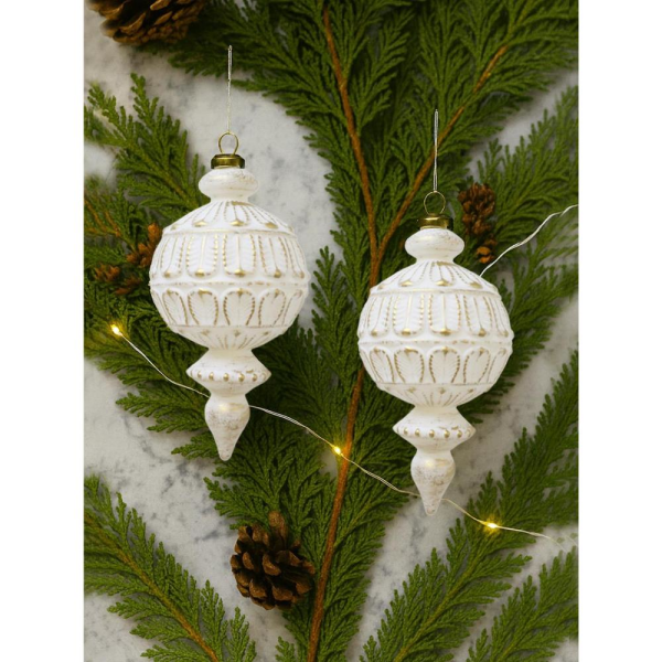 Yılbaşı Ağaç Süsü Retro Altın Eskitme Detaylı Sarkıt Beyaz Gold 16 cm 2'li Set