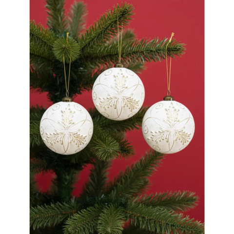 Yılbaşı Topu Retro Altın İşlemeli Çam Ağacı Süsü Beyaz 8 cm – 3'lü Set