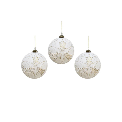 Yılbaşı Topu Retro Altın İşlemeli Çam Ağacı Süsü Beyaz 8 cm – 3'lü Set