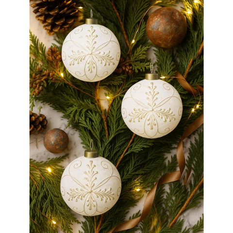 Yılbaşı Topu Retro Altın İşlemeli Çam Ağacı Süsü Beyaz 8 cm – 3'lü Set