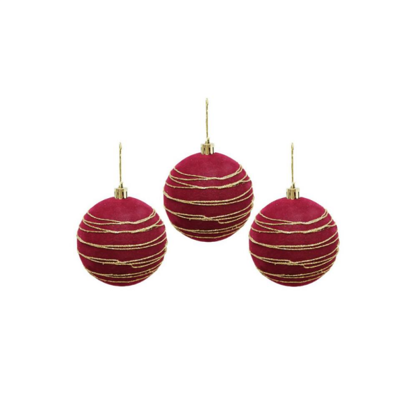 Kadife Yılbaşı Topu – Altın Simli Çam Ağacı Süsü Bordo 8 cm 3'lü