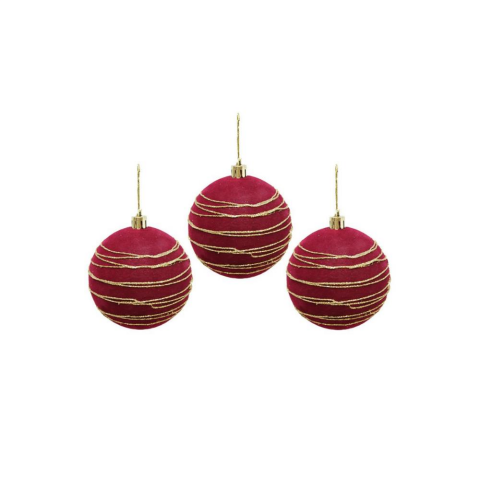 Kadife Yılbaşı Topu – Altın Simli Çam Ağacı Süsü Bordo 8 cm 3'lü