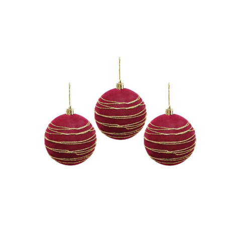 Kadife Yılbaşı Topu – Altın Simli Çam Ağacı Süsü Bordo 8 cm 3'lü