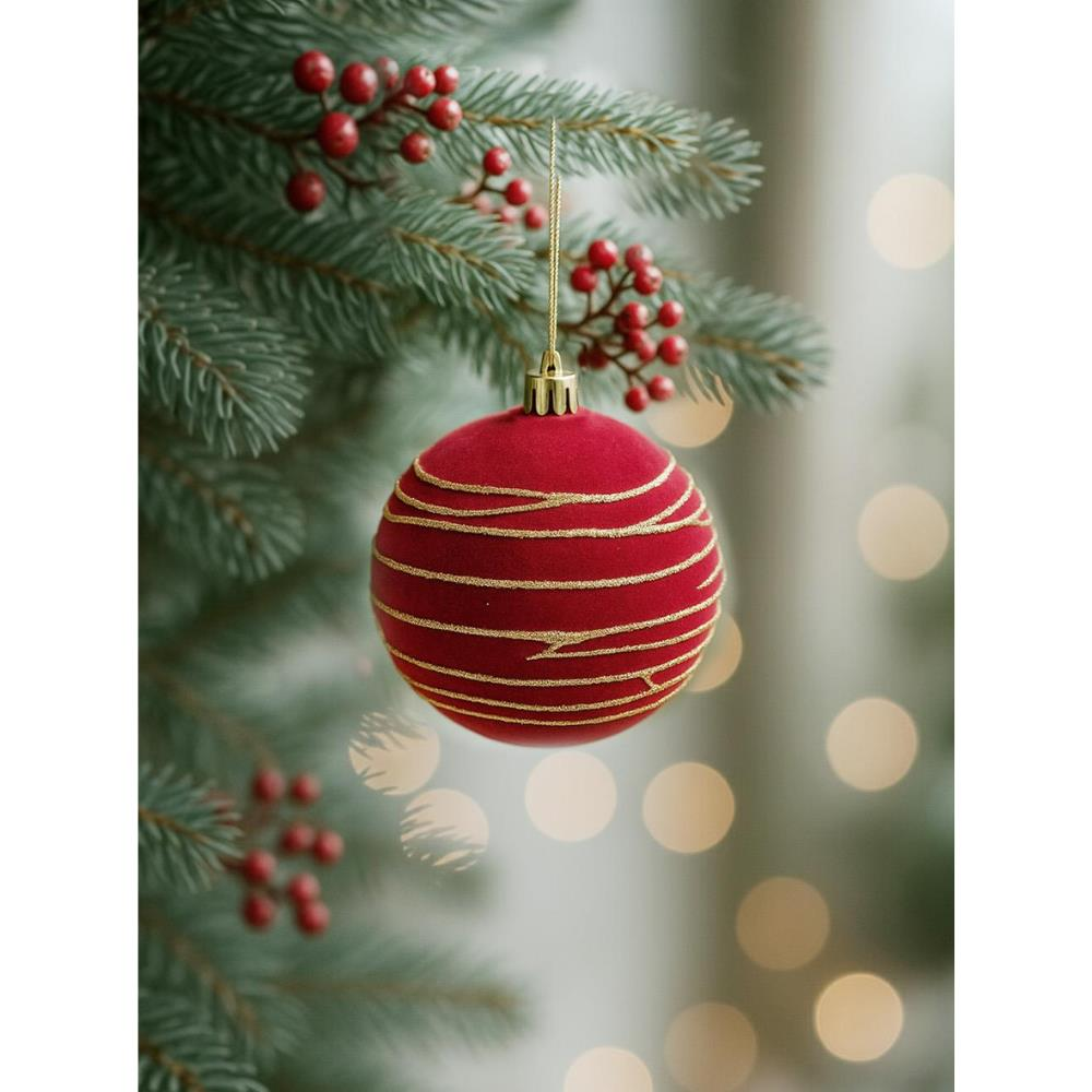 Kadife Yılbaşı Topu – Altın Simli Çam Ağacı Süsü Bordo 8 cm 3'lü