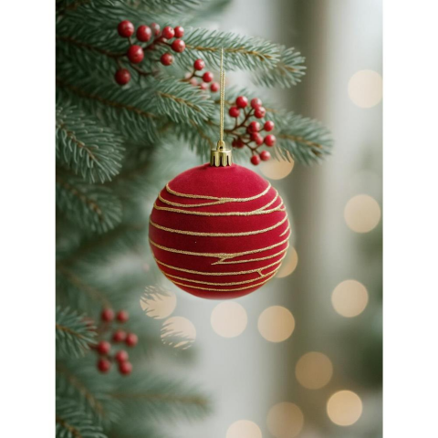 Kadife Yılbaşı Topu – Altın Simli Çam Ağacı Süsü Bordo 8 cm 3'lü