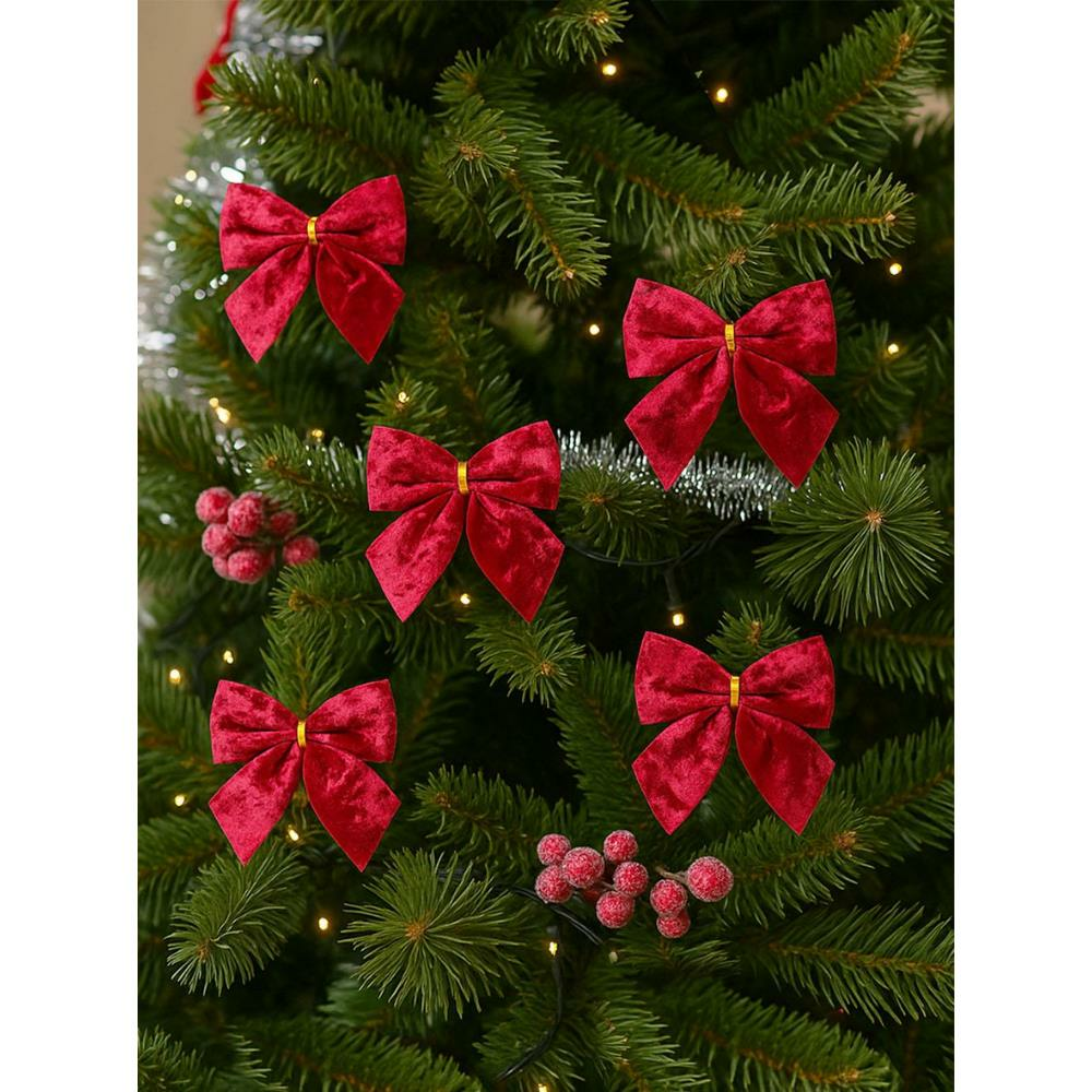 Yılbaşı Ağaç Süsü Kadife Fiyonk Asmalı Dekor Süsü Kırmızı 9 cm 4'lü