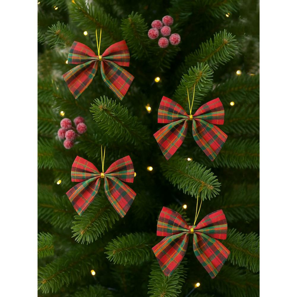 Yılbaşı Ağaç Süsü Dekoratif Ekose Kurdele Fiyonk Kırmızı Yeşil 8 cm 4'lü