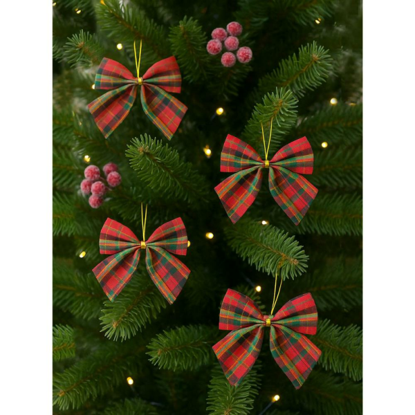 Yılbaşı Ağaç Süsü Dekoratif Ekose Kurdele Fiyonk Kırmızı Yeşil 8 cm 4'lü