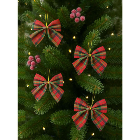 Yılbaşı Ağaç Süsü Dekoratif Ekose Kurdele Fiyonk Kırmızı Yeşil 8 cm