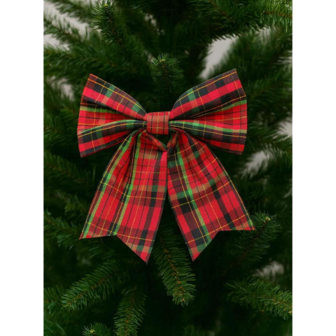 Yılbaşı Ağaç Süsü Ekose Fiyonk Asmalı Dekor Süsü Kırmızı 20 cm