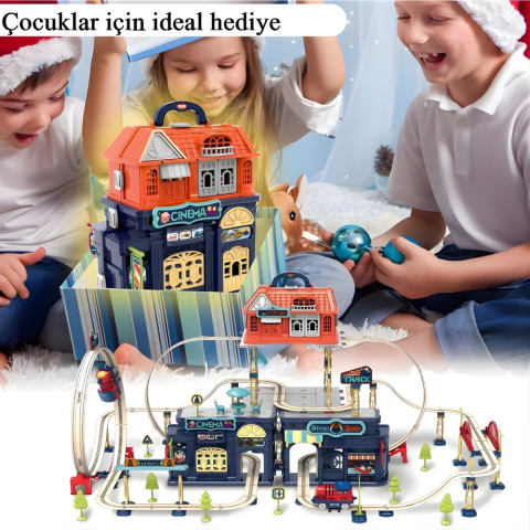 Şehir İstasyonu 197 parça Demiryolu Çantalı Set - 360° Dönme Hareketi & Pilli Tren