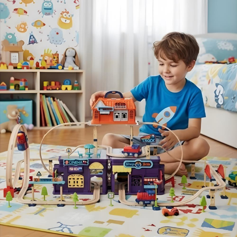 Şehir İstasyonu 197 parça Demiryolu Çantalı Set - 360° Dönme Hareketi & Pilli Tren