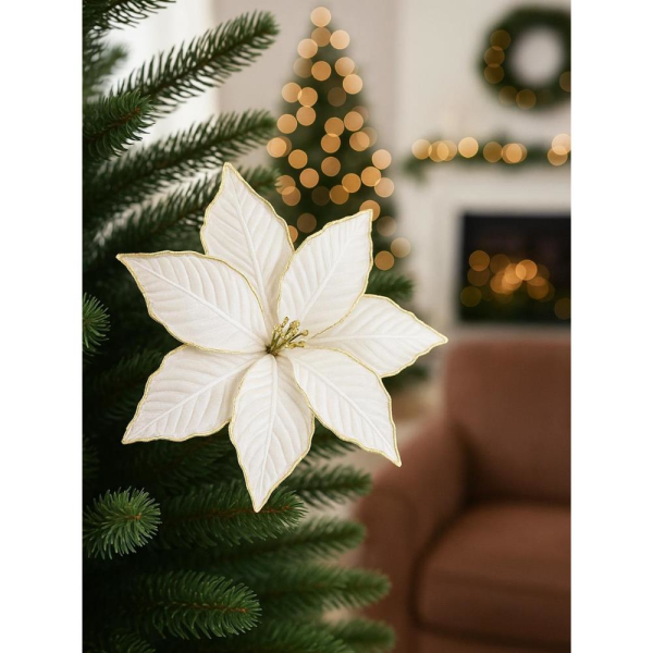 Yılbaşı Ağaç Süsü Ponsetya Atatürk Çiçeği Altın Sim Detaylı Şampanya 30 cm