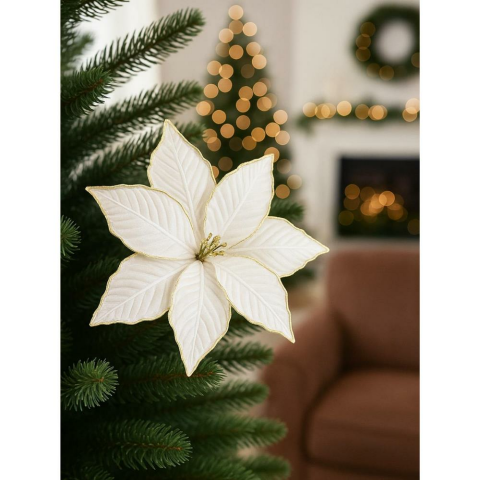 Yılbaşı Ağaç Süsü Ponsetya Atatürk Çiçeği Altın Sim Detaylı Şampanya 30 cm