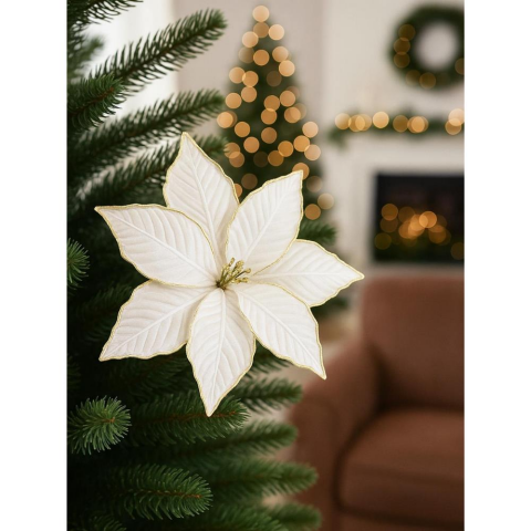 Yılbaşı Ağaç Süsü Ponsetya Atatürk Çiçeği Altın Sim Detaylı Şampanya 30 cm