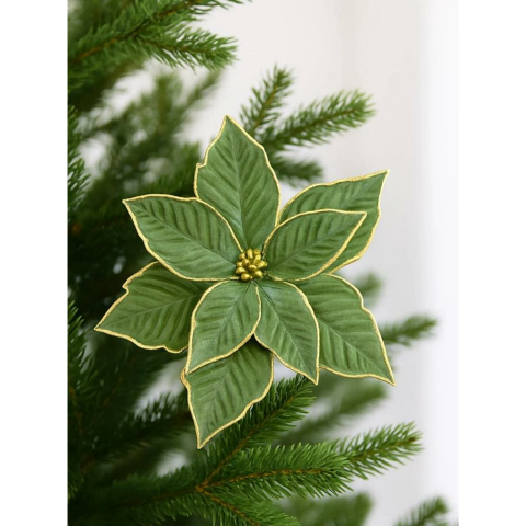 Yılbaşı Ağaç Süsü Ponsetya Atatürk Çiçeği Altın Sim Detaylı Yağ Yeşili 30 cm