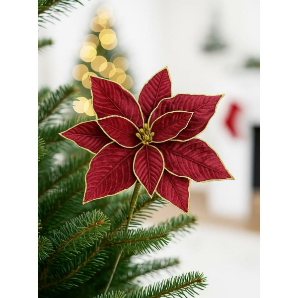 Yılbaşı Ağaç Süsü Ponsetya Atatürk Çiçeği Altın Sim Detaylı Bordo 30 cm