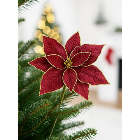 Yılbaşı Ağaç Süsü Ponsetya Atatürk Çiçeği Altın Sim Detaylı Bordo 30 cm