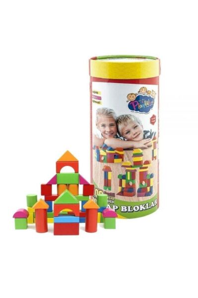 Silindir Kutuda Eğitici Ahşap Oyuncak 100 Parça Renkli Bloklar
