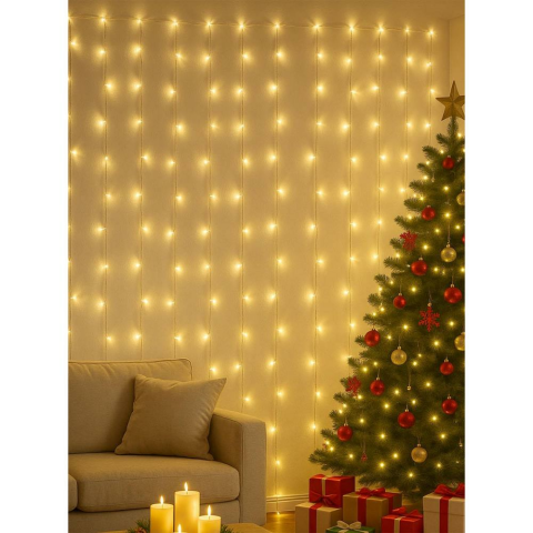 Yılbaşı Dekoru Klipsli Saçak Perde Pilli LED Işık – Günışığı 10 Sarkıt 3x3 mt
