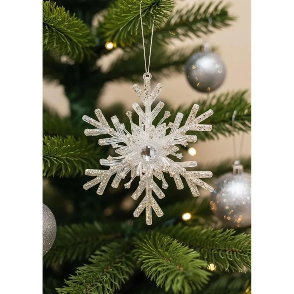 Yılbaşı Ağaç Süsü Gümüş Sim Detaylı 3D Şeffaf Kar Tanesi Asılabilir Dekoratif Süs 15 cm