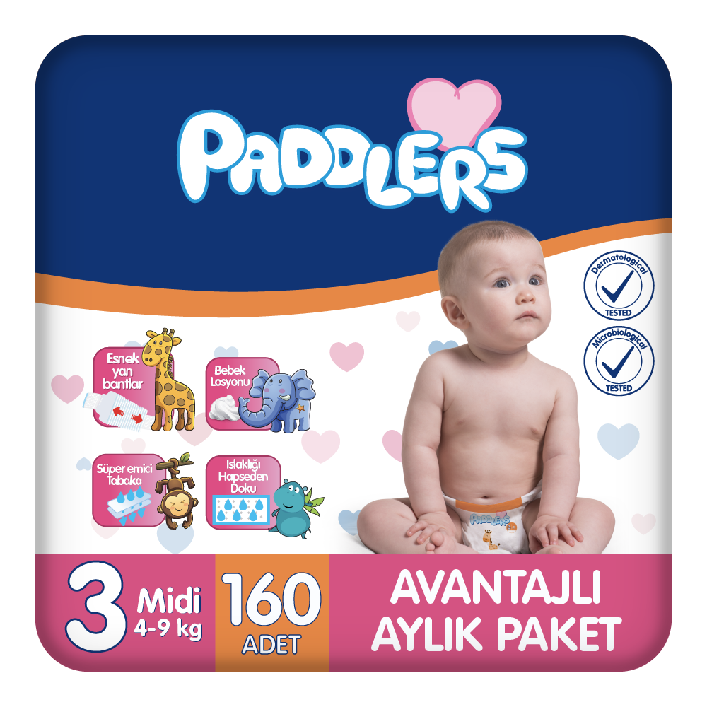 Paddlers Bebek Bezi 3 Numara Midi 160 Adet (4-9 Kg) Aylık Paket