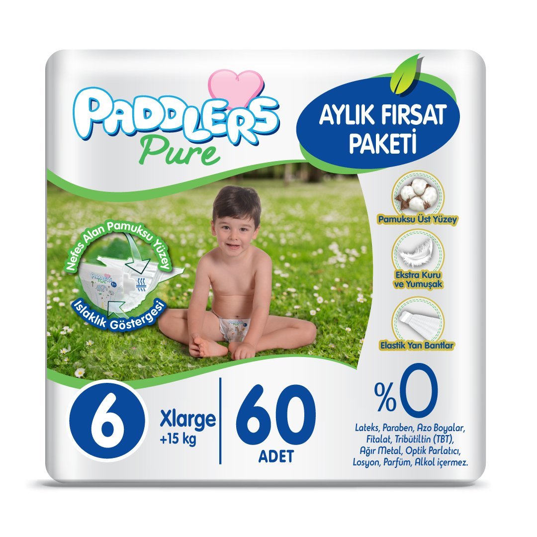Paddlers Pure Bebek Bezi 6 Numara X-Large 60 Adet (15+ Kg) Aylık Fırsat Paketi