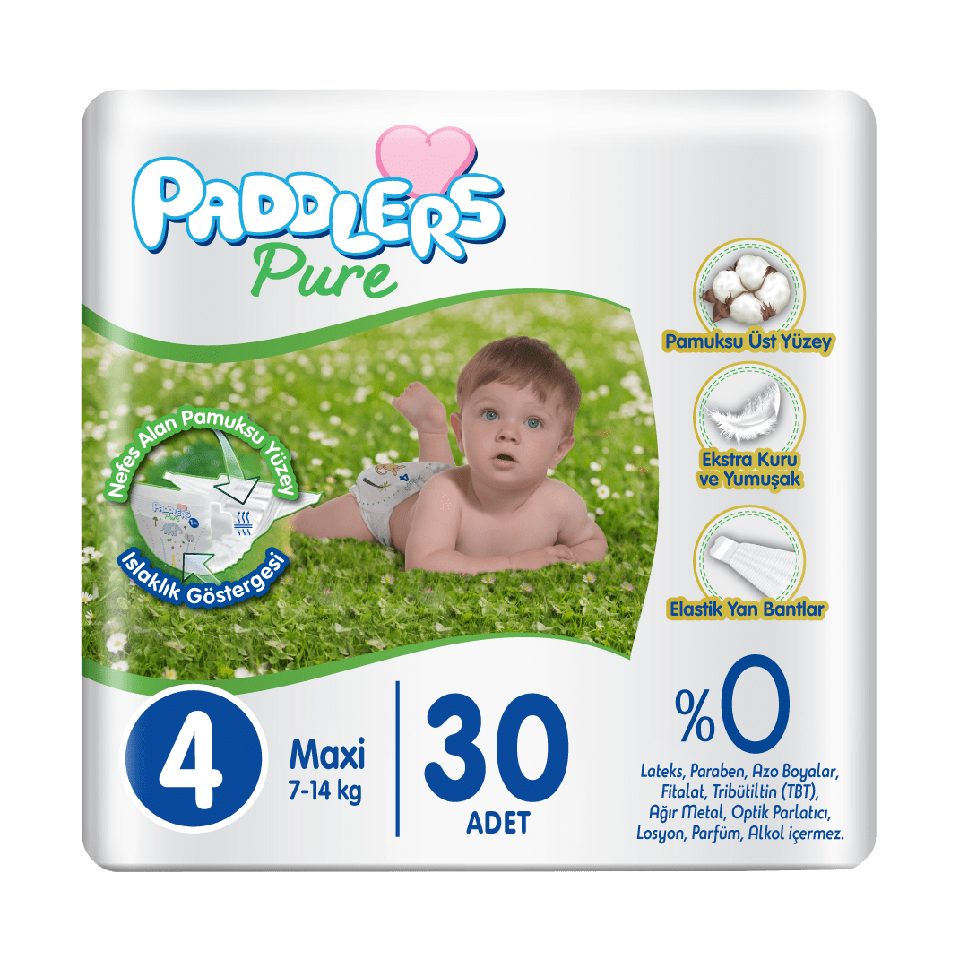 Paddlers Pure Bebek Bezi 4 Numara Maxi 30 Adet (7-14 Kg) Eko Paket