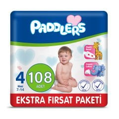 Paddlers Bebek Bezi 4 Numara Maxi 108 Adet (7-14 Kg) Ekstra Fırsat Paketi