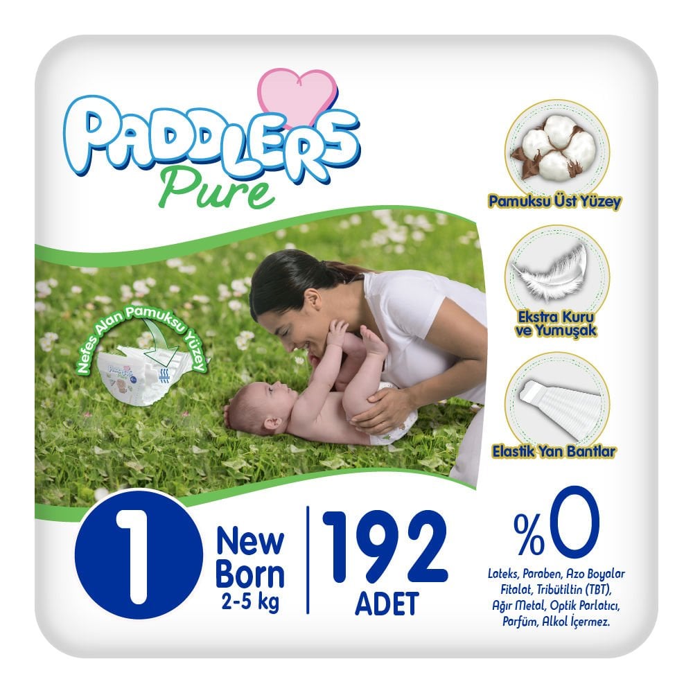 Paddlers Pure Bebek Bezi 1 Numara Yenidoğan 192 Adet (2-5 Kg) Ekstra Aylık Paket