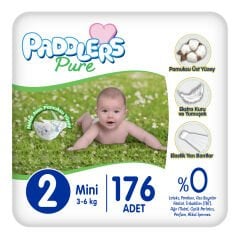 Paddlers Pure Bebek Bezi 2 Numara Mini 176 Adet (3-6 Kg) Ekstra Aylık Paket