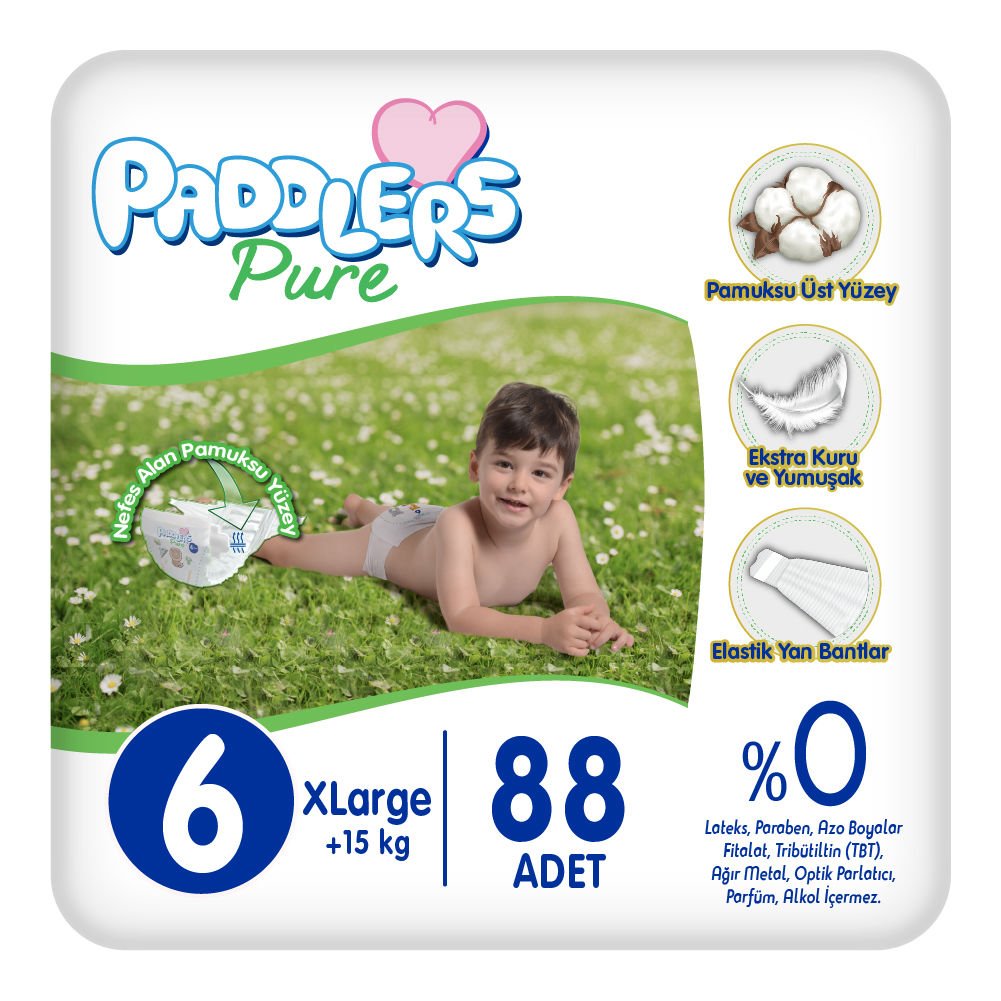 Paddlers Pure Bebek Bezi 6 Numara X-Large 88 Adet (15+ Kg) Ekstra Aylık Paket