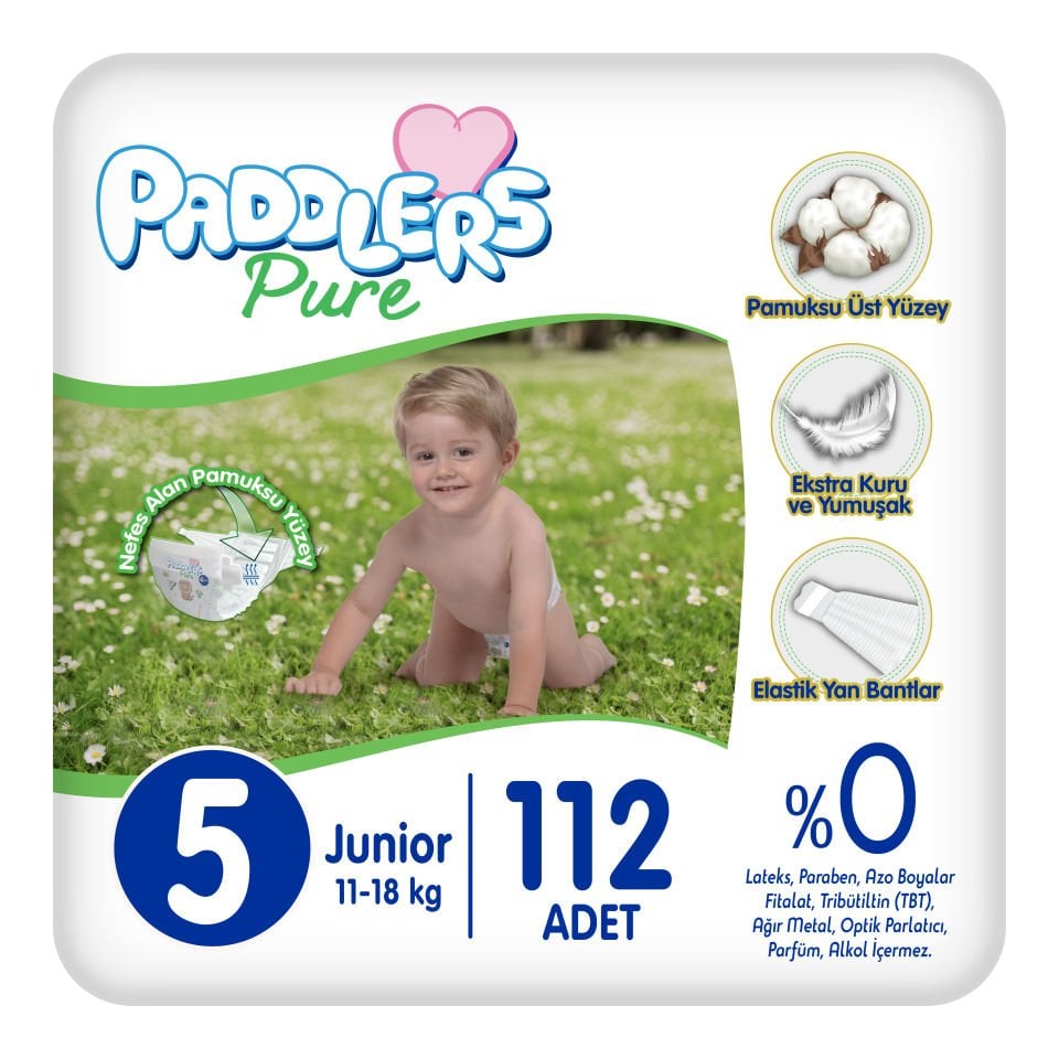 Paddlers Pure Bebek Bezi  5 Numara Junior 112 Adet (11-18 Kg) Ekstra Aylık Paket