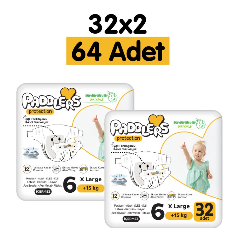 Paddlers Protection Bebek Bezi 6 Numara X-Large 64 Adet (15+Kg) 2'li Jumbo Set