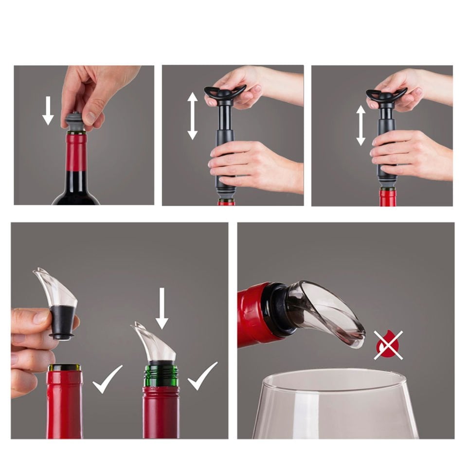 Vacu Vin Şarap Vakum Seti Concerto / Siyah (1 pompa + 3 tıpa + 1 dökücü)