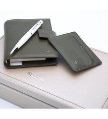 Scrikss Hediyelik Set Tükenmez kalem 62 Chic Beyaz & Deri Cep Ajanda - Kredi Kartlık Haki