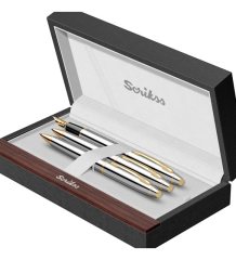 Scrikss Marka Gold Krom 3 lü Kalem Seti Lüks Deri Kutuda ( ömür boyu garantili )