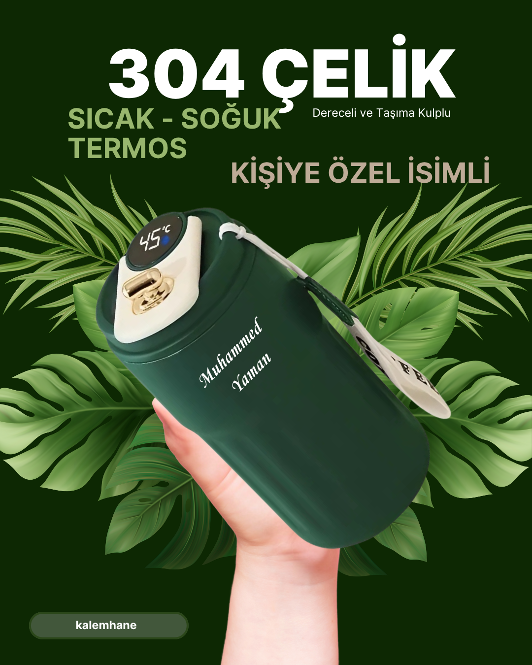 304 Çelik Sıcak - Soğuk Kişiye Özel Termos Dijital Derece Göstergeli 500 ml