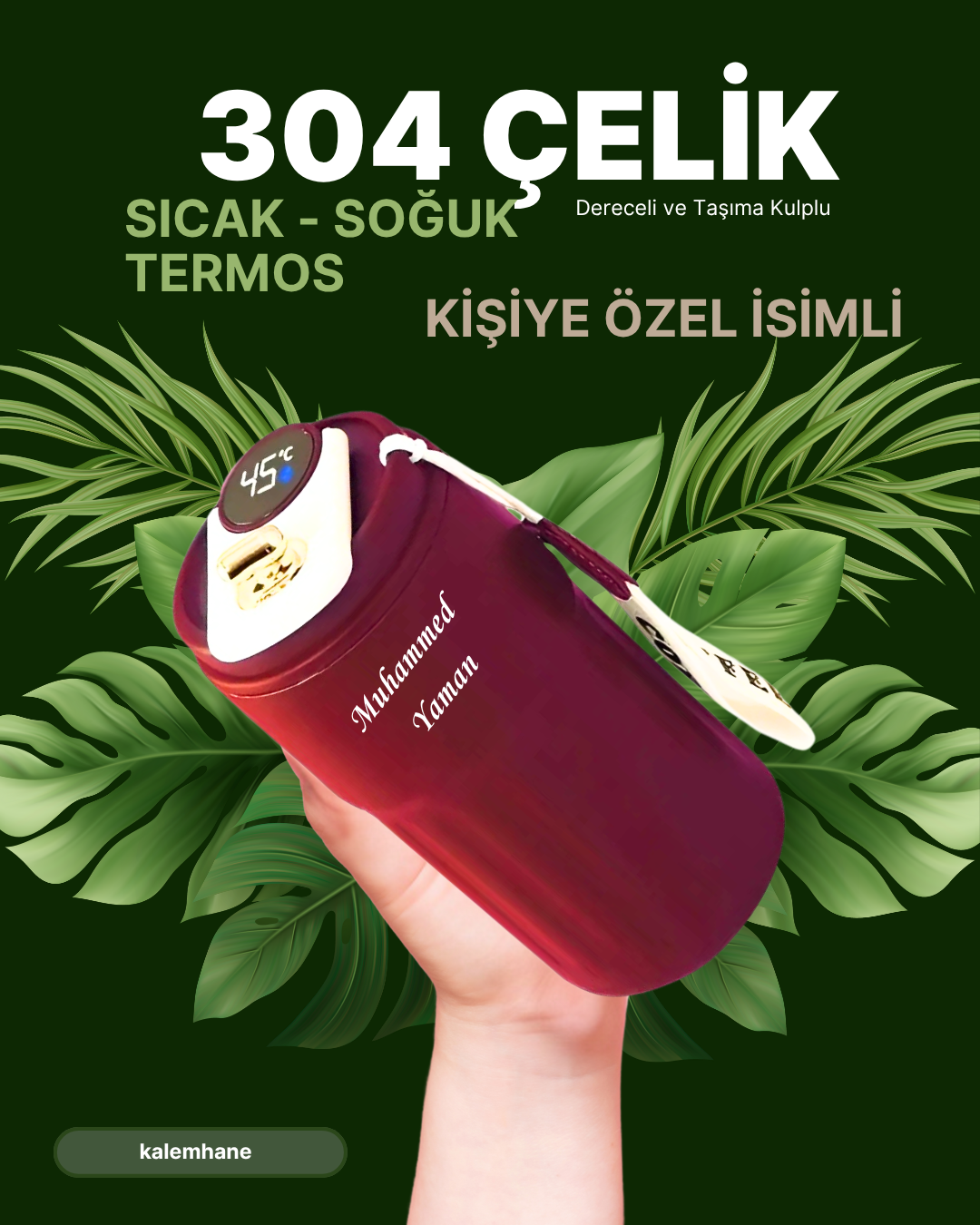 304 Çelik Sıcak - Soğuk Kişiye Özel Termos Kırmızı Dijital Derece Göstergeli 500 ml