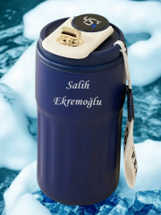 304 Çelik Sıcak - Soğuk Kişiye Özel Termos Mavi Dijital Derece Göstergeli 500 ml